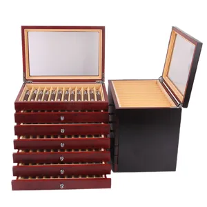 Multi-layer wooden fountain pen display box with glass flip top and storage drawers.