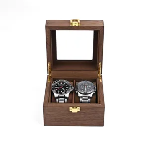 Wooden 2-slot watch display box with clear glass lid and vintage metal lock for storage.