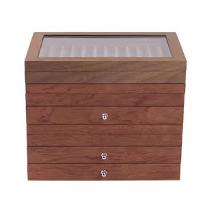 Boîte de rangement pour stylo en bois avec couvercle transparent et tiroirs, noyer.