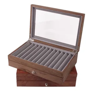 Boite de presentation en bois pour stylos avec couvercle en verre, double couche