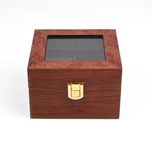 2-slot wooden watch box with clear glass lid and metal clasp for watch display and storage
