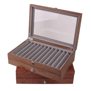 Scatola espositore in legno per penna stilografica con coperchio in vetro e fessure in velluto