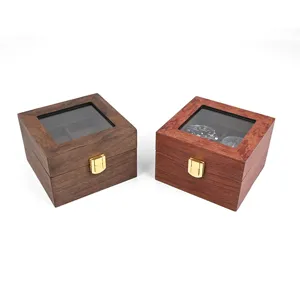 Wooden 2-slot watch box vintage display storage case with glass lid and golden lock