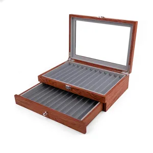 Scatola espositore per penne in legno vintage con coperchio in vetro e cassetto, 23 scomparti penna.