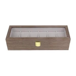 Wooden 6-slot watch display box with clear glass lid and lock for secure watch storage.
