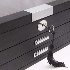 Close-up detail of black wooden pen display storage box, featuring a metal lock and key.