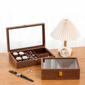 Wooden jewelry box with glass lid, watch organizer storage case for rings, earrings and necklaces.
