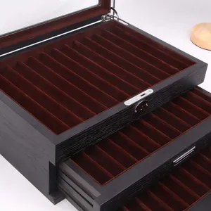 Wooden fountain pen display box detail, multi-tier pen storage showcase with velvet lining.