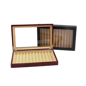 Wooden pen display storage box with clear glass window and velvet slots for fountain pens.