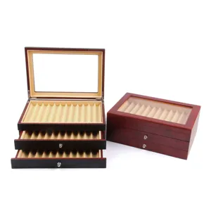 Wooden pen display storage box with glass lid, large capacity multi-drawer organizer showcase