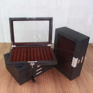 Large Capacity Wooden Fountain Pen Storage Box Display Case With Glass Window Black Luxury Pen Collector Organizer