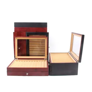 Wooden pen display box large capacity storage case with glass lid and slotted tray.
