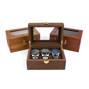 Triple Slot Wooden Watch Display Box Storage Organizer Case With Transparent Glass Window And Golden Metal Clasp For Collection