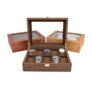 Scatola portaorologi in legno a 10 scomparti con coperchio in vetro, espositore vintage.