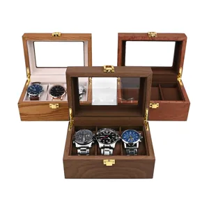 Wooden watch display box 3 slots retro jewelry storage organizer with glass lid for men women