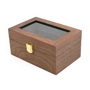 3-slot wooden watch box, retro jewelry display storage case with glass top and gold clasp.