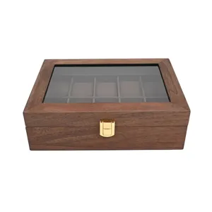 Scatola per orologi in legno vintage a 10 scomparti con coperchio in vetro, vetrinetta.