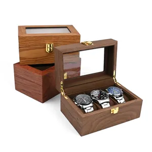 3-Slot Wooden Watch Box Display Case Vintage Clear Glass Top Storage Organizer for Men