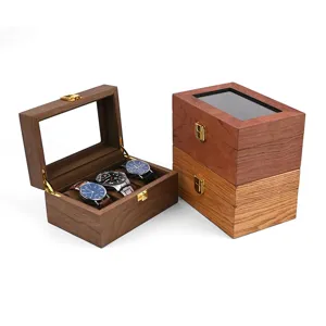 Wooden 3-slot watch storage box vintage display case with glass lid and metal lock for men.