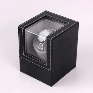 Detail view of the black PU leather single watch winder with clear glass display window.