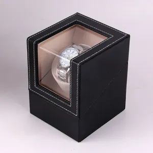 Close-up detail of black PU leather single watch winder box with transparent window.