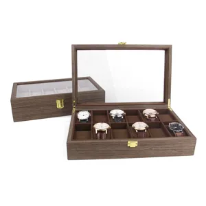 12 Fächer Holz Uhrenkasten mit Glasdeckel, braune Samteinlage Uhrenvitrine Aufbewahrungsbox.