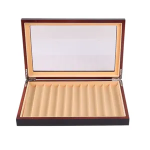 12-slot wooden pen display box with clear acrylic lid and velvet slots for office gift.