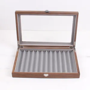 12-slot vintage wooden fountain pen display box with glass lid and gray velvet interior tray.