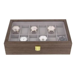 12-Schlitz Holz Uhrenbox mit klarem Glasdeckel und elegantem Aufbewahrungsdisplay für Uhren.
