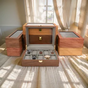 Boîte à Montre en Bois Vintage Organisateur de Présentation Avec Couvre en Verre Transparent et Serrure en Métal pour Bijoux