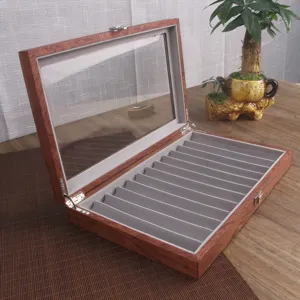Wooden 12-slot pen display box with glass lid and soft velvet interior, perfect for storage.