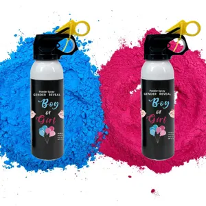 Detail de bouteille de spray de poudre de revelation de genre noir avec du texte colore et goupille.