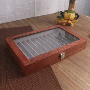 Vintage 12-slot wooden pen display box with glass lid for fountain pen collection storage organizer