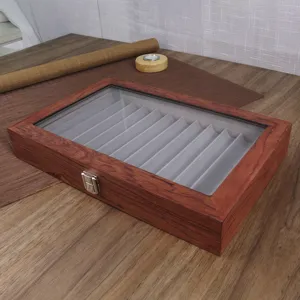 12-slot wooden pen display box with glass lid, vintage storage case for fountain pens and office.