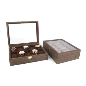 Upgraded 10-slot wooden watch box storage display case with glass top and lock for jewelry.
