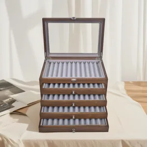 Vintage Wooden Fountain Pen Display Box 56 Grids 5 Layers Walnut Wood Grain Pen Storage Organizer Case With Clear Glass Lid