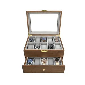 Boîte à montre en bois vintage avec couvercle en verre et tiroir, présentoir à bijoux.