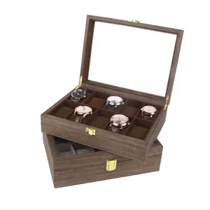 10-slot wooden watch storage box with glass lid, luxury watch display case and organizer.