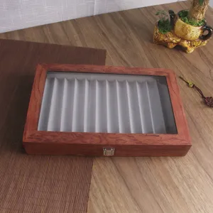 12 slot vintage wooden pen display box with clear glass lid and metal lock for office gift.