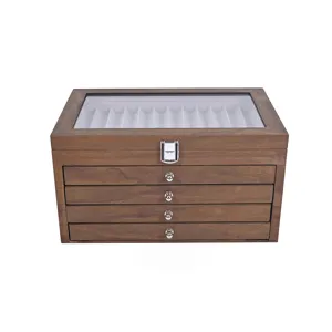 Wooden Pen Display Box Storage Organizer with Glass Top Lid and Four Drawers Walnut Finish