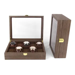 Wooden watch box 10 slot display storage case with glass top and lock brown finish.