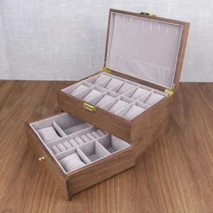 Two-layer wooden watch and jewelry storage box with 10 slots, ring holder and soft grey velvet int.