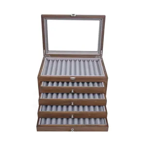 5-Tier Wooden Fountain Pen Display Box Walnut Grain Organizer with Glass Lid and Drawers