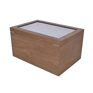 Vintage wooden pen display box with clear glass lid, multi-grid walnut wood grain storage.