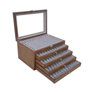 5-Tier Wooden Pen Display Box with Clear Glass Lid and 56 Slots for Luxury Pen Storage