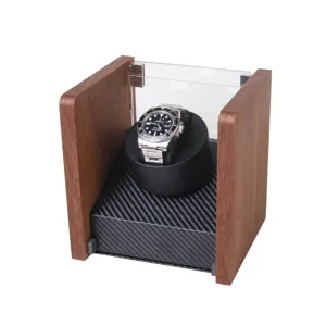 Wooden automatic watch winder single watch display box with carbon fiber pattern and clear dust cover.