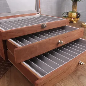 Vintage wooden pen storage box multi-layer fountain pen display organizer with velvet slots