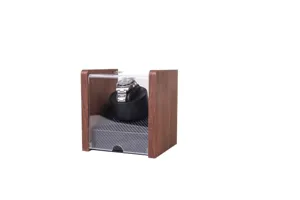 Wooden single watch winder detail showing clear acrylic dustproof cover and carbon fiber base.