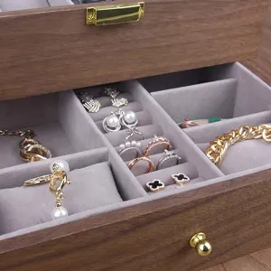 Wooden jewelry box organizer with velvet lining, walnut finish display case for rings, earrings.