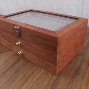 Wooden pen display box with glass lid and drawers, vintage storage organizer for fountain pens.